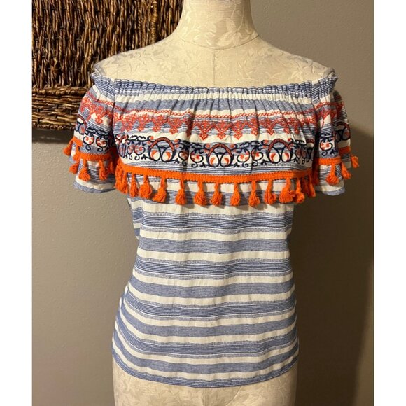 THML Top Blue Orange Ivory S Small Tassel Embroidered Cotton Off Shoulder - Picture 4 of 8